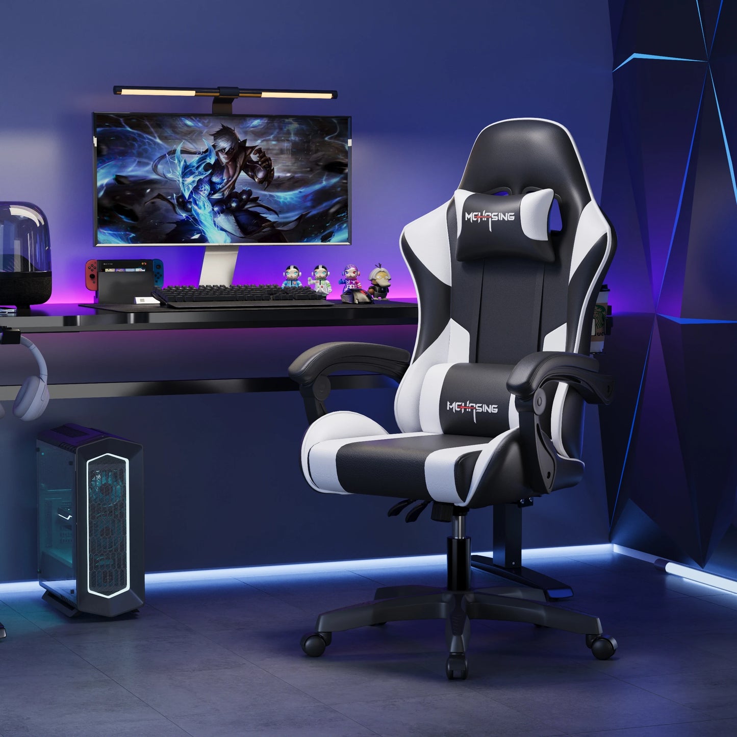 Ergonomic Gaming Chair with Wheels, Modern Swivel Office Chair, Adjustable Computer Chair for Home Office & E-Sport Setup