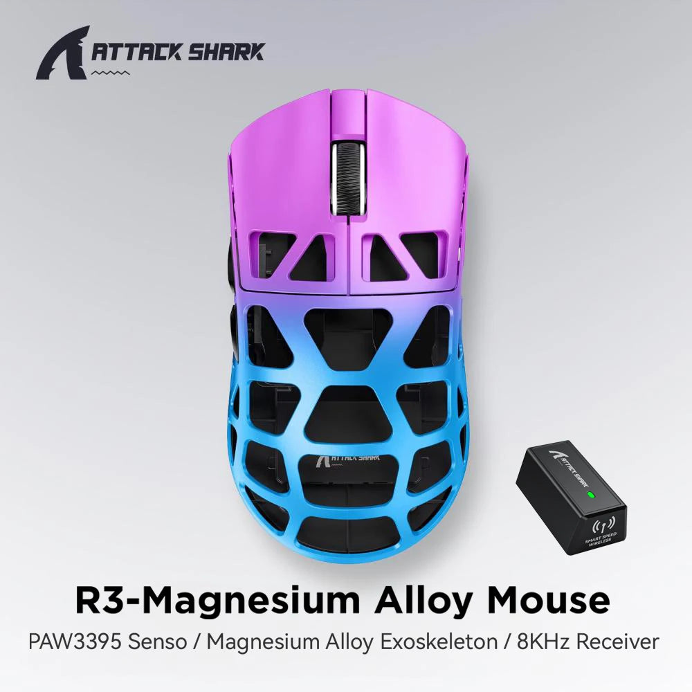 ATTACK SHARK R3 gamingmus i magnesiumlegering med bikakestruktur, ultralätt 8K Hz, PAW3395-sensor, 26000 DPI, ergonomisk skalform