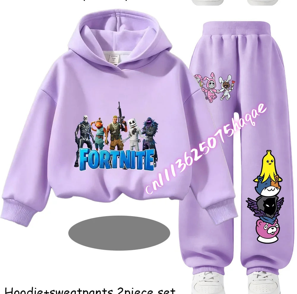 Fortnite-bedruckte Kinder-Hoodies, Cartoon-Design, bequemes 2-teiliges Set, locker sitzende Langarm-Oberteile mit Hose, Herbst-/Winterkleidung, Geschenk