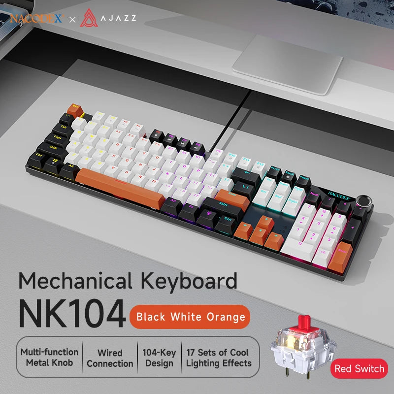 Teclado Mecânico AJAZZ NK104 com Fio, Teclas de Dupla Injeção, 104 Teclas, Hot-Swapping, Retroiluminação LED Híbrida, Teclado Gamer para Portátil e PC