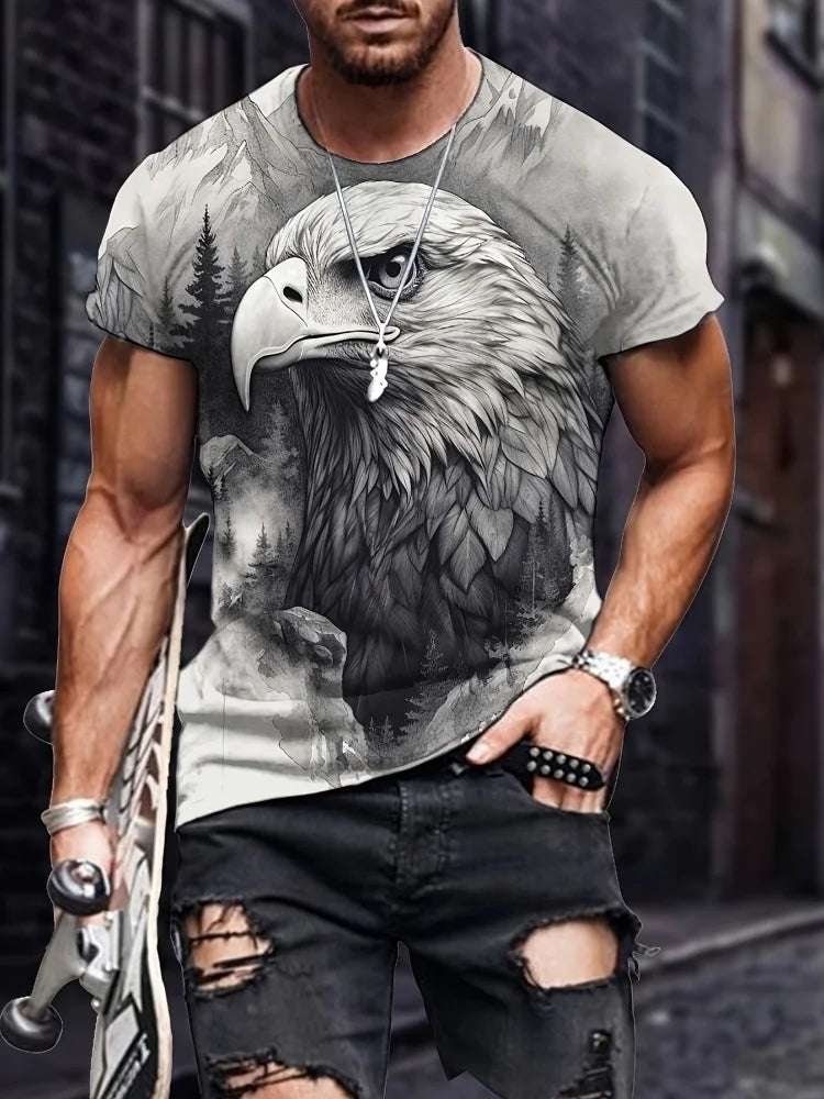 Patriottisch 3D-T-shirt voor heren met adelaarprint, casual ronde hals, korte mouwen, pullover voor zomerse mode en outdooractiviteiten, herenkleding