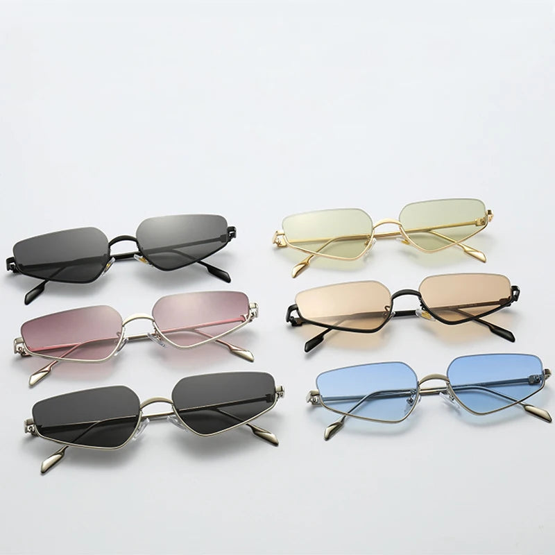 Vintage Semi-Rimless Polygon Punk Sunglasses Women 2026 Luxury Brand Cat Eye Metal Small Frame Sun Glasses Ladies Classic Shades