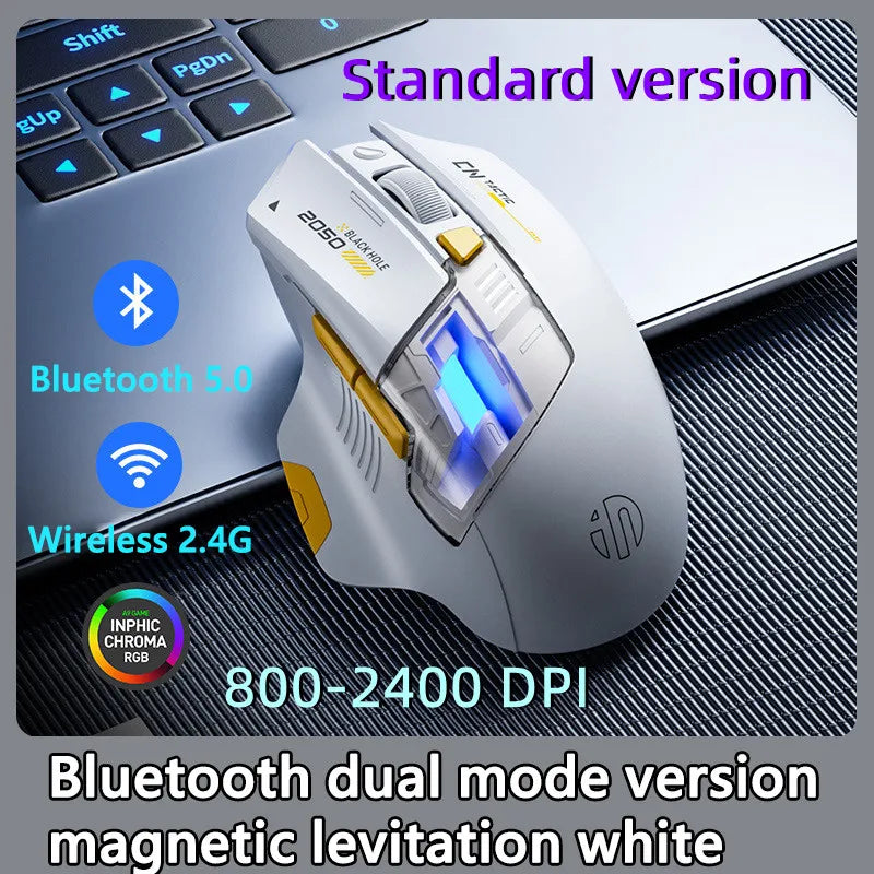 Inphic A9 pro Drei-Modi-Gaming-Maus mit farbenfroher Lichtleiter-Säule, Power-Anzeige, einstellbarer DPI, Makro-Treiber, ergonomisch, 12800DPI