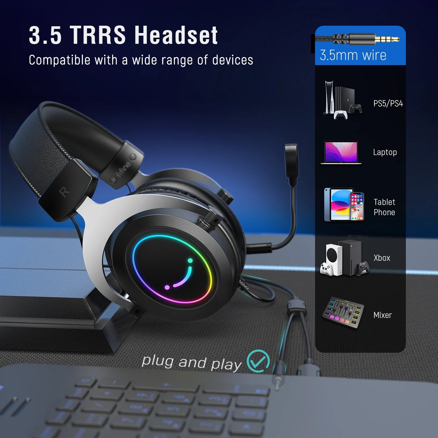 FIFINE Gaming Headset with Stereo Sound/Detachable MIC/RGB/Line Control, Over-Ear Headphone for PC PS4 PS5 Xbox -AMPLIGAME H3