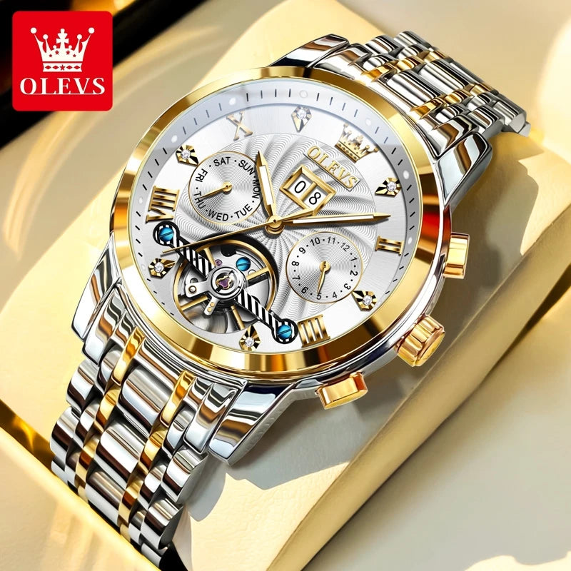 OLEVS 9910 Mens Watch Original Luxury Brand Waterproof Luminous Automatic Mechanical Watch Dual Calendar Watch Box Reloj