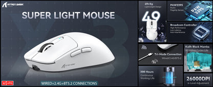 ATTACK SHARK X3 trådløs gamingmus PixArt PAW3395 49g SUPERLIGHT, BT/2.4G trådløs/kablet, 6 justerbare DPI op til 26000
