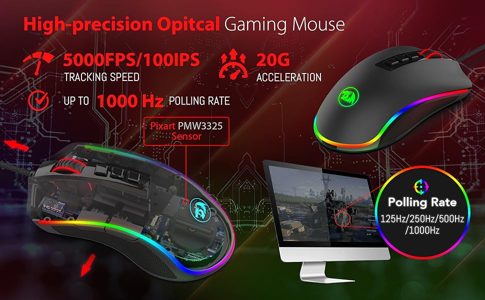 Mouse da gaming per PC Redragon M711 cablato, 7 pulsanti programmabili, RGB personalizzabile, 10,000 DPI, ergonomico