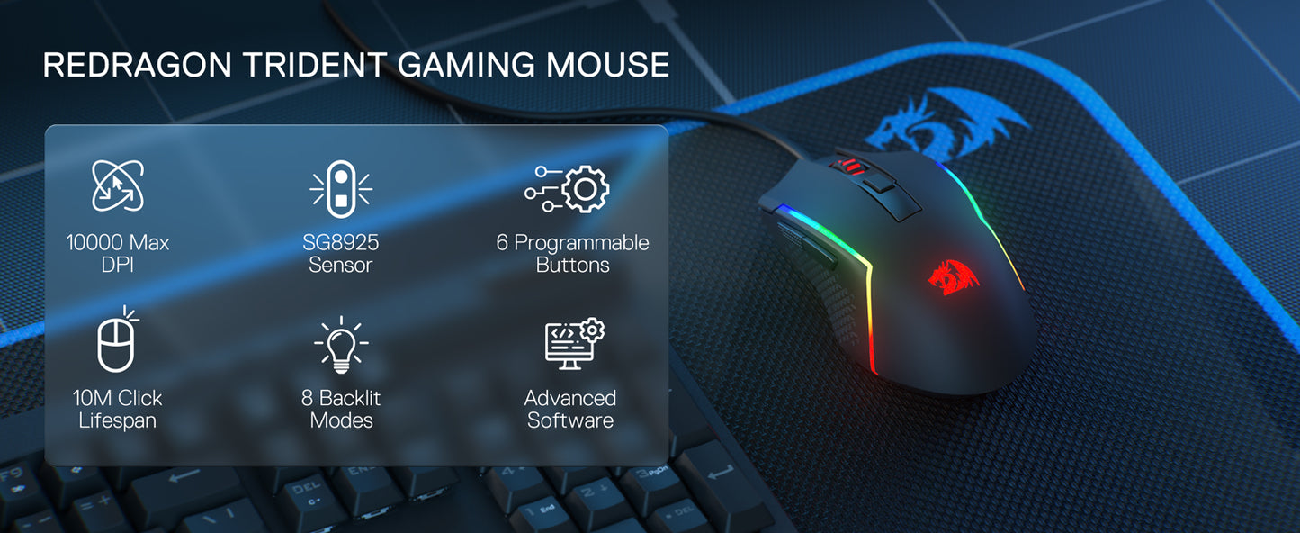 Mouse da gaming cablato Redragon M616 RGB, 10000 DPI, ottico, 6 pulsanti programmabili, 8 modalità retroilluminate, software con supporto per configurazioni personalizzate dei tasti
