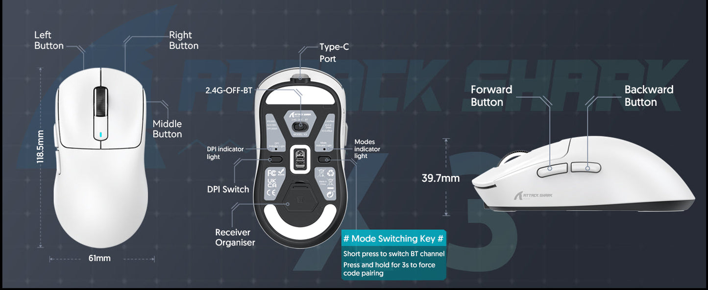 ATTACK SHARK X3 trådløs gamingmus PixArt PAW3395 49g SUPERLIGHT, BT/2.4G trådløs/kablet, 6 justerbare DPI op til 26000