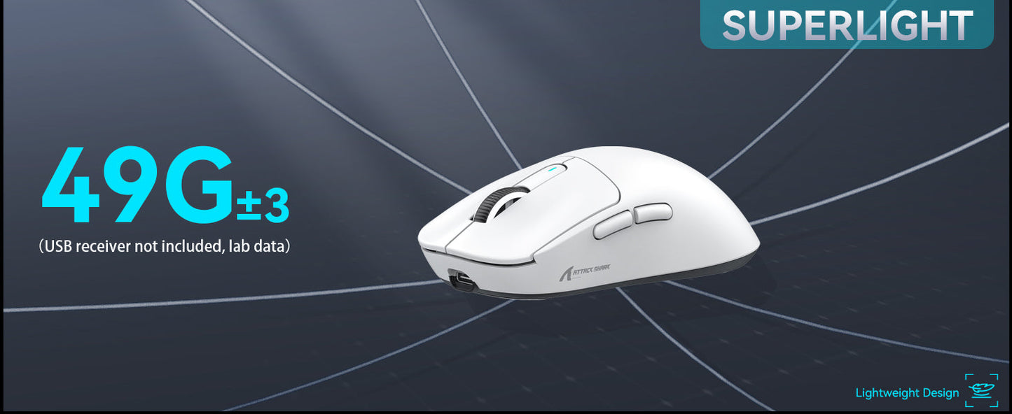 ATTACK SHARK X3 trådløs gamingmus PixArt PAW3395 49g SUPERLIGHT, BT/2.4G trådløs/kablet, 6 justerbare DPI op til 26000