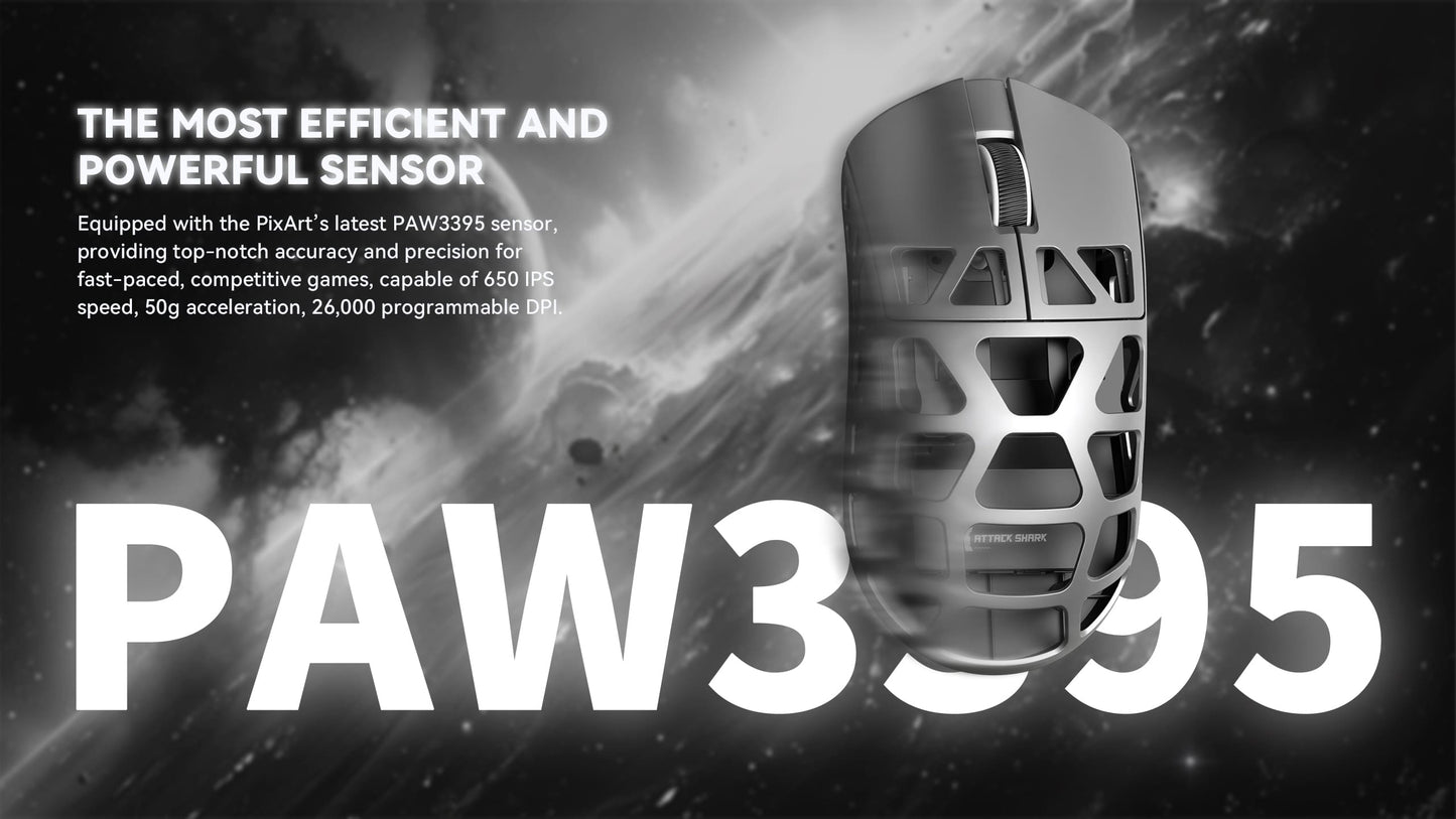 ATTACK SHARK R3 magnéziumötvözet gamer egér, 8K SUPERLIGHT, 8000Hz, 6 állítható DPI akár 26000-ig, PAW3395, BT/2.4G vezeték nélküli/vezetékes