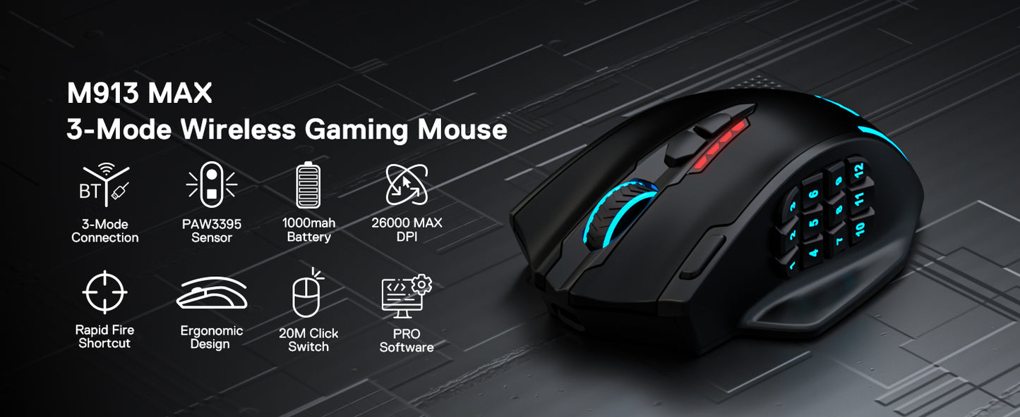 Redragon M913 MAX Wireless 26000 DPI MMO Optical Gaming Mouse with 16 Programmable Buttons