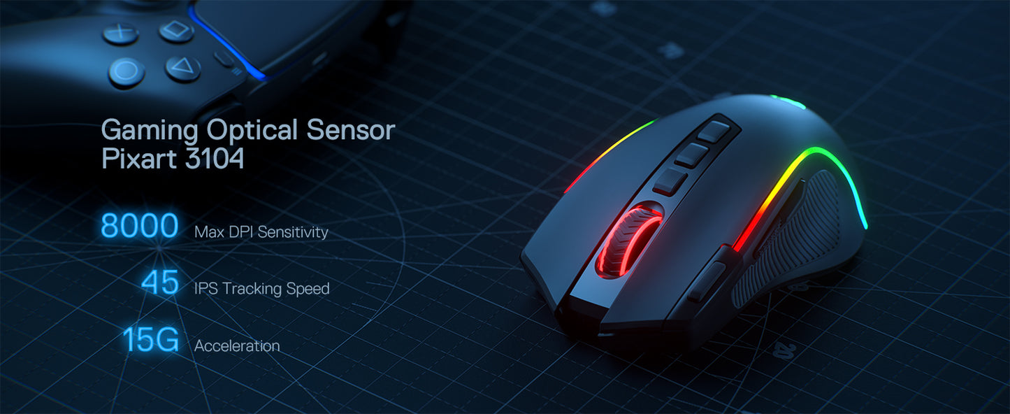 Redragon M612 PRO BT & 2.4RGB Gaming Mouse, 8000 DPI Wired/Wireless Optical Gamer Mice 11 Programmable Buttons & 6 Backlit Modes