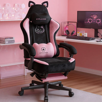 GTPLAYER Cute Gaming Chair with Velvet Fabric Ergonomic Office Chair Gamer Chair with Cat Ears 150kg Pink