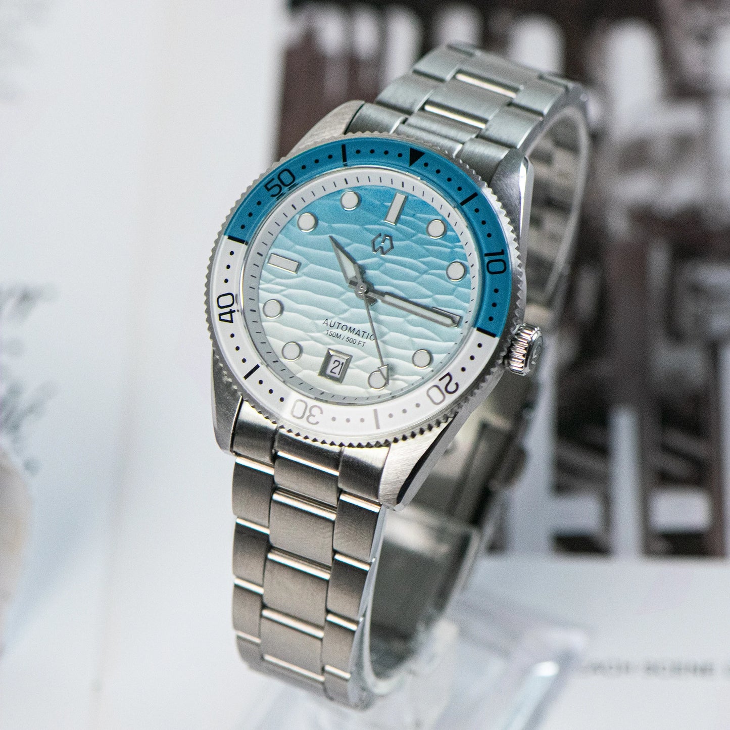 WISHDOIT Men's Automatic Dive Watch With Ocean Blue And White Ripple Dial 8215 Movement Sapphire Glass Mirror