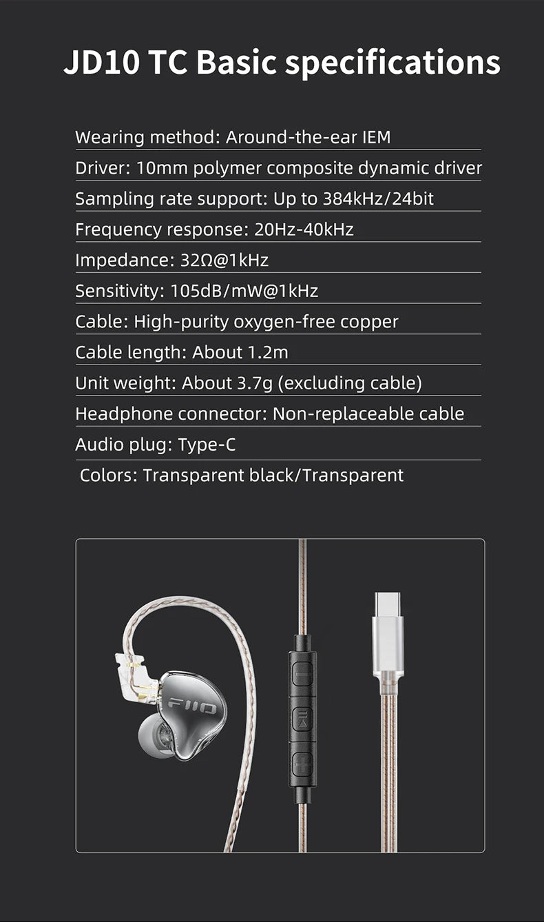 FiiO JD10 3.5mm / Type-C Wired In-Ear Earphone Hi-Res Audio HIFI Bass Stereo Music Earbuds Sport Gaming Headset