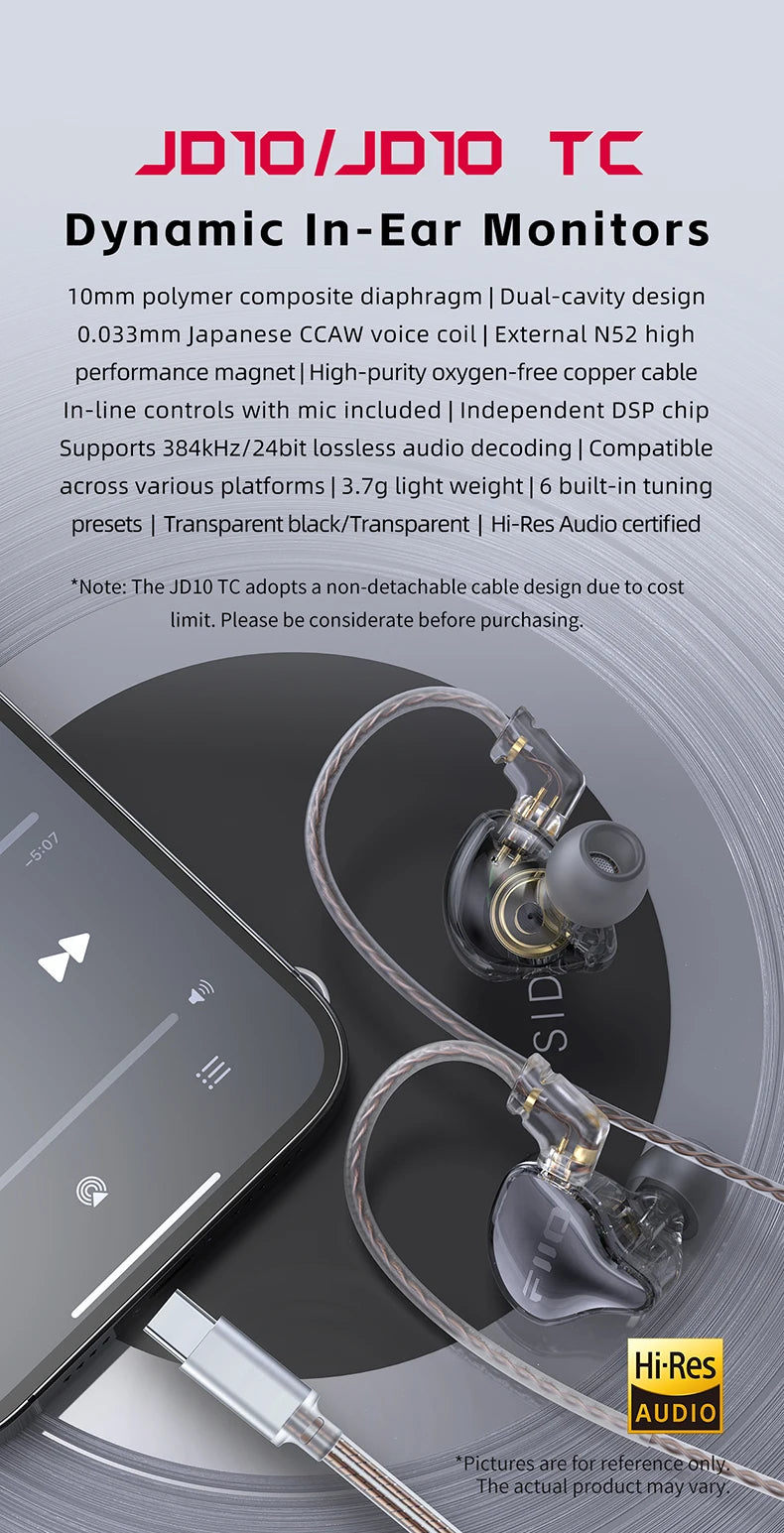 FiiO JD10 3.5mm / Type-C Wired In-Ear Earphone Hi-Res Audio HIFI Bass Stereo Music Earbuds Sport Gaming Headset