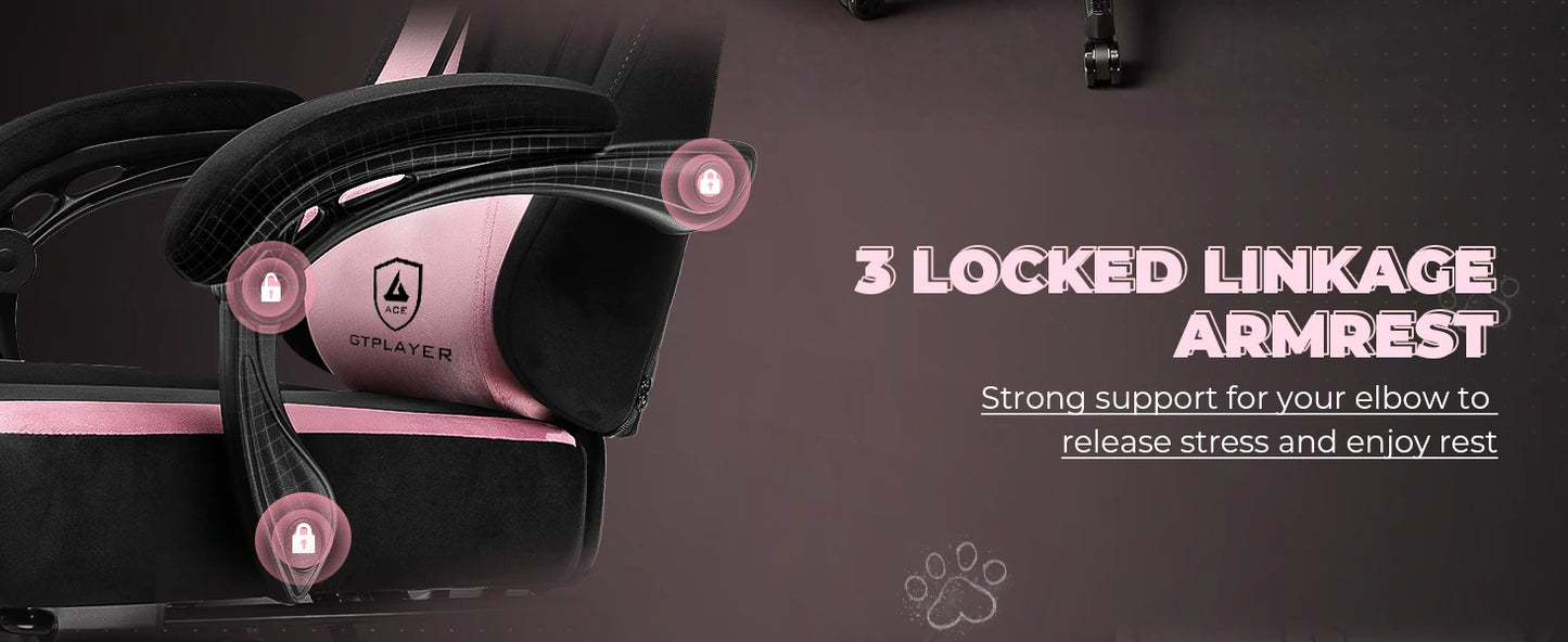 GTPLAYER Cute Gaming Chair with Velvet Fabric Ergonomic Office Chair Gamer Chair with Cat Ears 150kg Pink