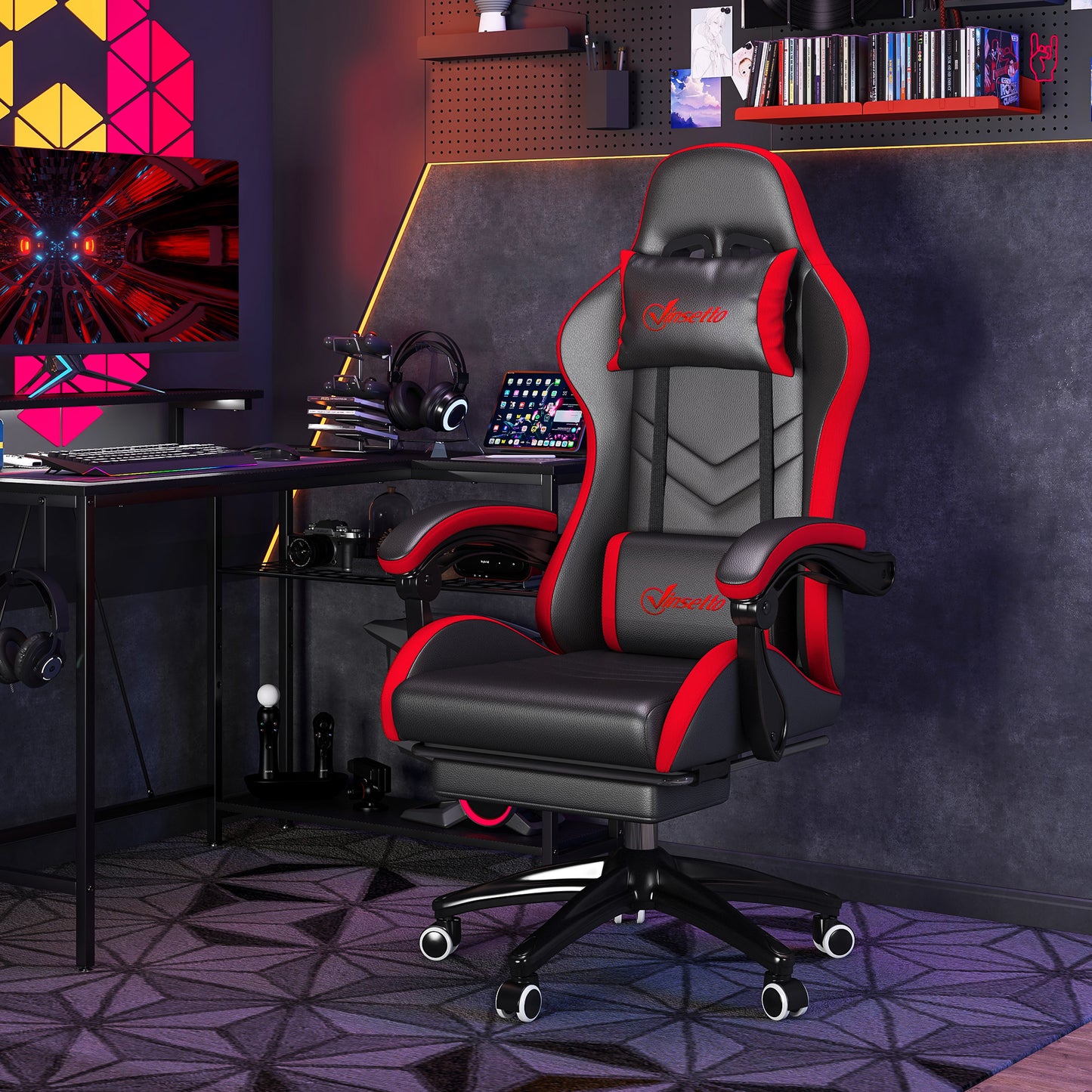 Vinsetto Ergonomic Reclining Gaming Chair 135°, PU Leather Racing Gamer Chair with Lumbar Support, Adjustable Height, Headrest and Retractable Footrest, for Office, Study, Black and Red