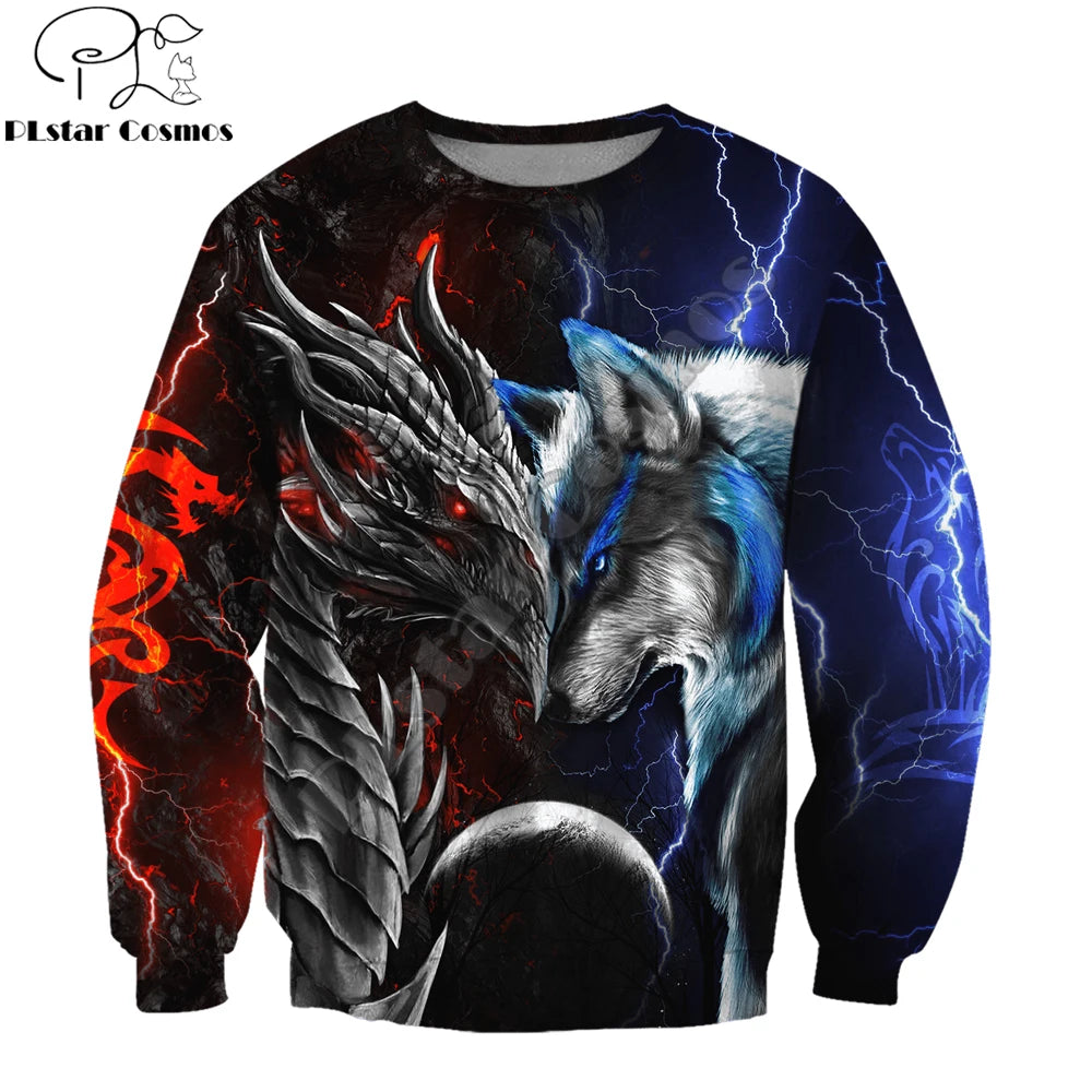 Red & Blue Dragon & Wolf 3D Printed Fashion Men's Autumn Hoodies Sweatshirt Unisex Streetwear Casual Zip Jacket Pullover KJ494