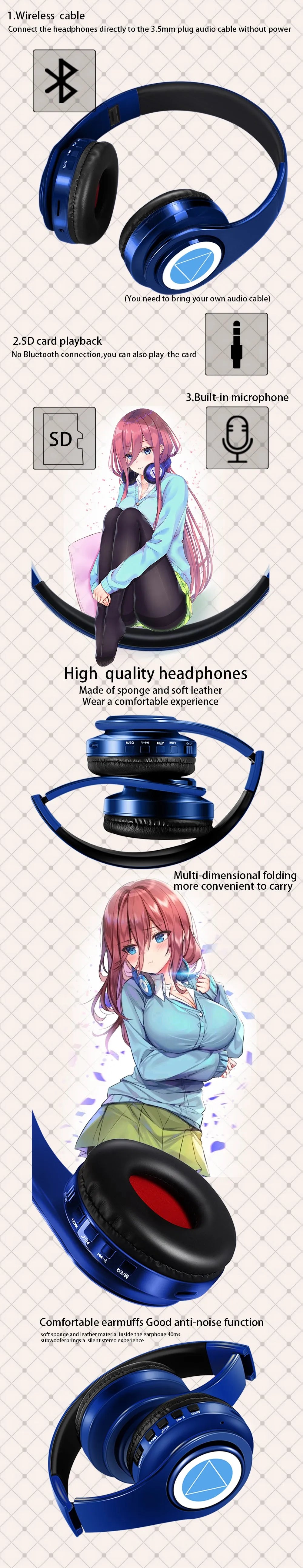 Auriculares anime over-ear Miku Nakano Sanjiu Bluetooth 5.0 – Headset gaming estéreo inalámbrico con graves profundos, micrófono y compatibilidad con tarjeta TF