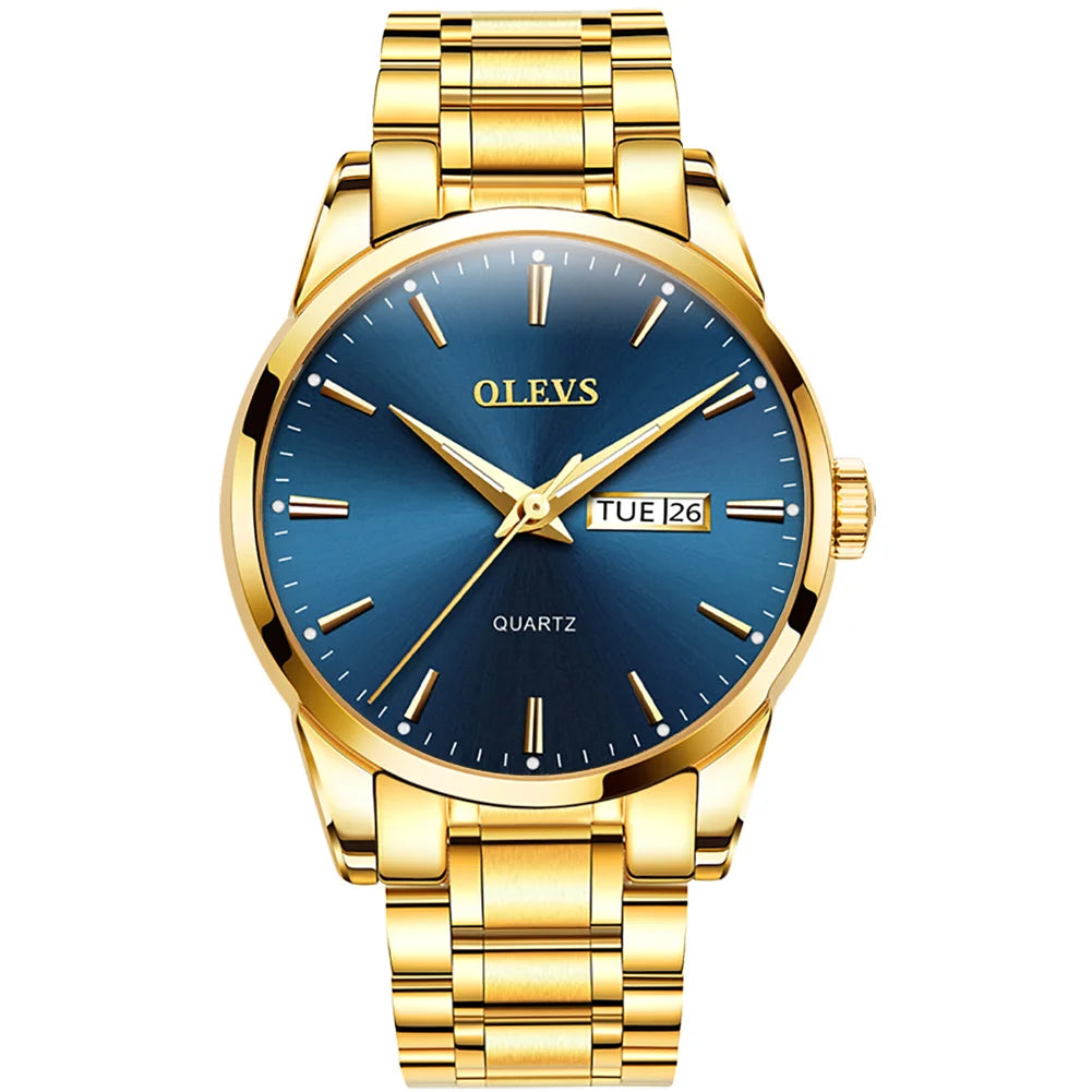 OLEVS Men’s Watch – Stainless steel quartz wristwatch, water-resistant, gold-coloured, elegant and luminous, a luxury accessory for men