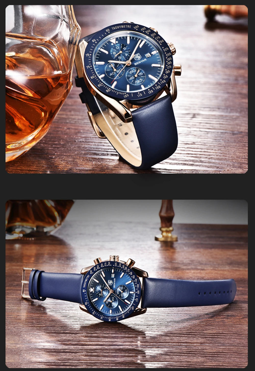 BENYAR luxury men’s watches – Quartz wristwatches with leather straps, water-resistant to 30 m, sporty style.