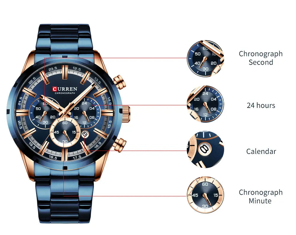 Orologio da uomo Curren con quadrante blu, cinturino in acciaio inox, data, stile business, impermeabile, orologio di lusso da polso per uomo