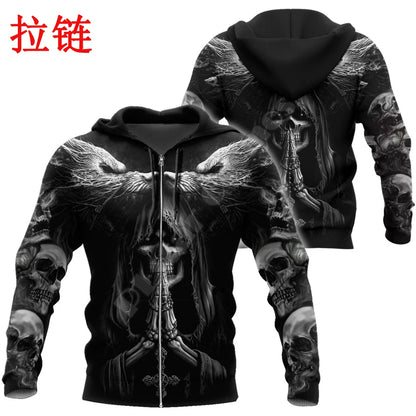 Sweatshirt com Capuz de Outono Fenrir Lobo Caveira Tatuagem 3D com Estampado Integral para Homem, Unissexo, com Fecho, Pullover, Casaco Casual DW0364