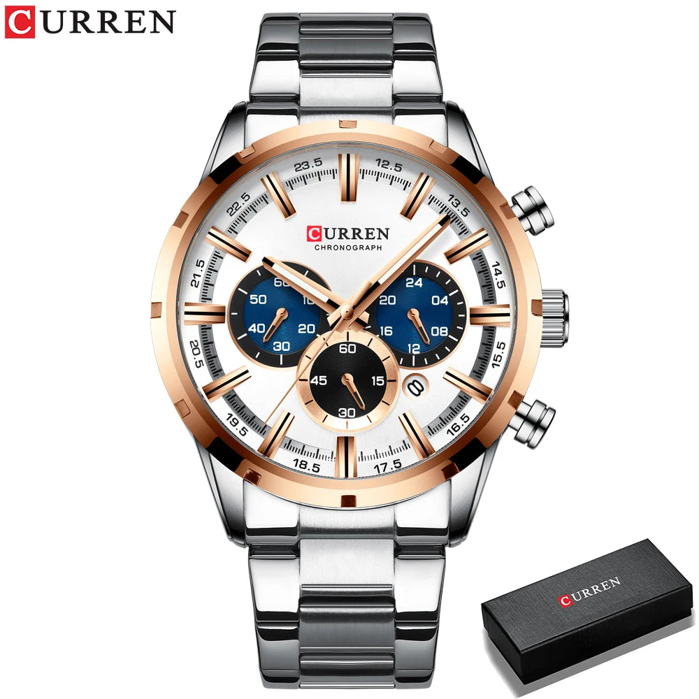 Orologio da uomo Curren con quadrante blu, cinturino in acciaio inox, data, stile business, impermeabile, orologio di lusso da polso per uomo