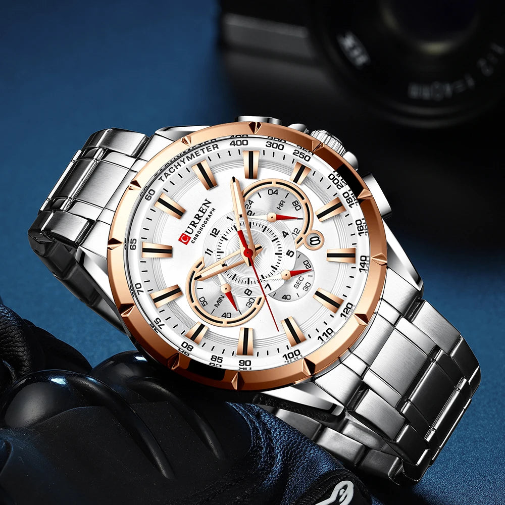 Montre pour homme CURREN – Montre-bracelet de luxe en acier inoxydable, style business, chronographe, modèle militaire à quartz