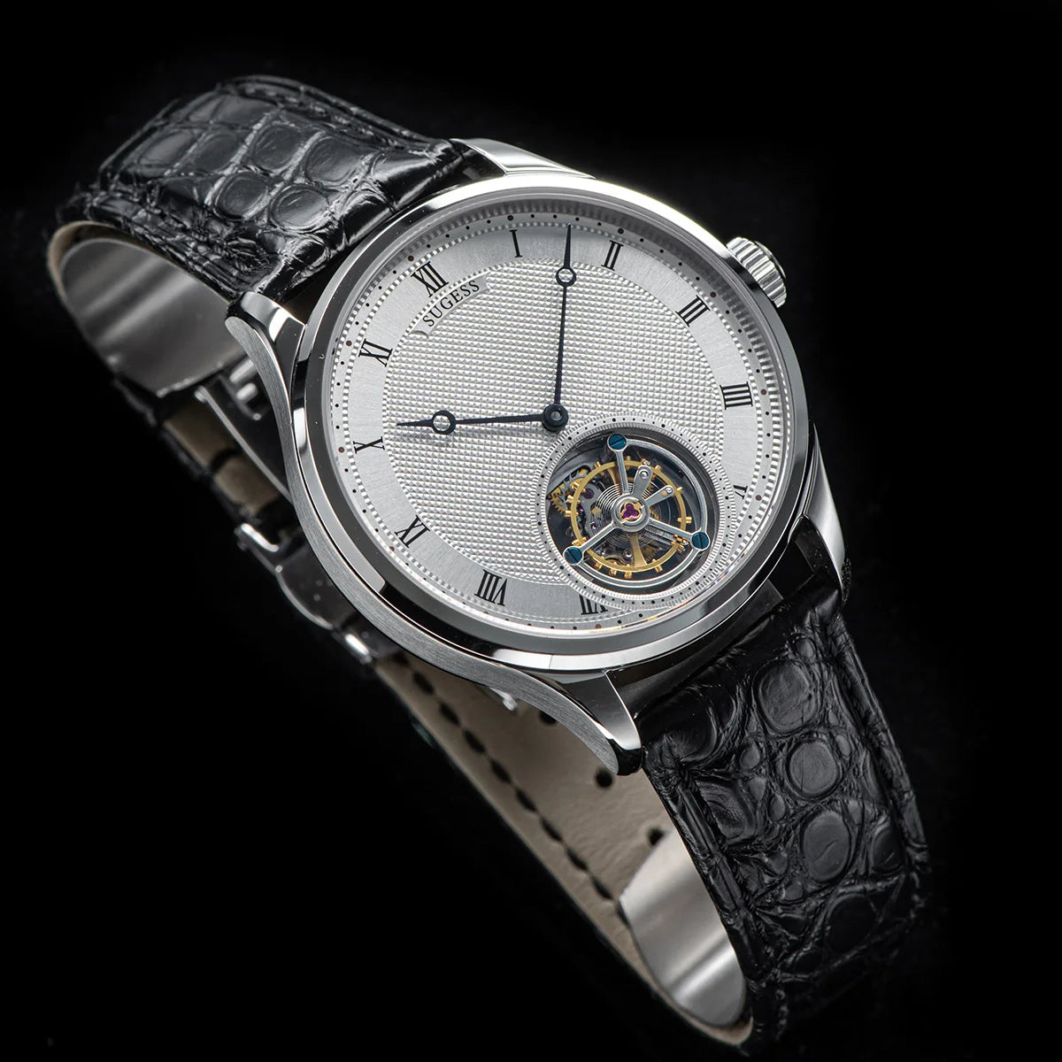 Sugess Tourbillon Men Watches ST8230 Genuine Tianjin Movement Mechanical Vintage Skeleton Wristwatch Elegant Crocodile Leather