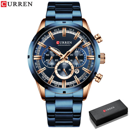 Orologio da uomo Curren con quadrante blu, cinturino in acciaio inox, data, stile business, impermeabile, orologio di lusso da polso per uomo