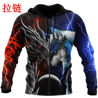 Red & Blue Dragon & Wolf 3D Printed Fashion Men's Autumn Hoodies Sweatshirt Unisex Streetwear Casual Zip Jacket Pullover KJ494