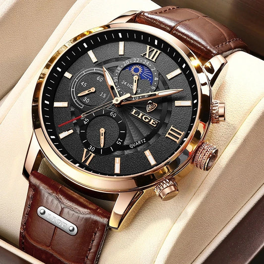 2025 New Men's Watches LIGE Top Brand Luxury Leather Casual Quartz Watch Men's Sport Waterproof Clock Watch Relogio Masculino+Box