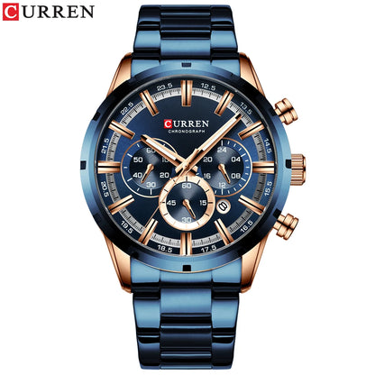 Orologio da uomo Curren con quadrante blu, cinturino in acciaio inox, data, stile business, impermeabile, orologio di lusso da polso per uomo