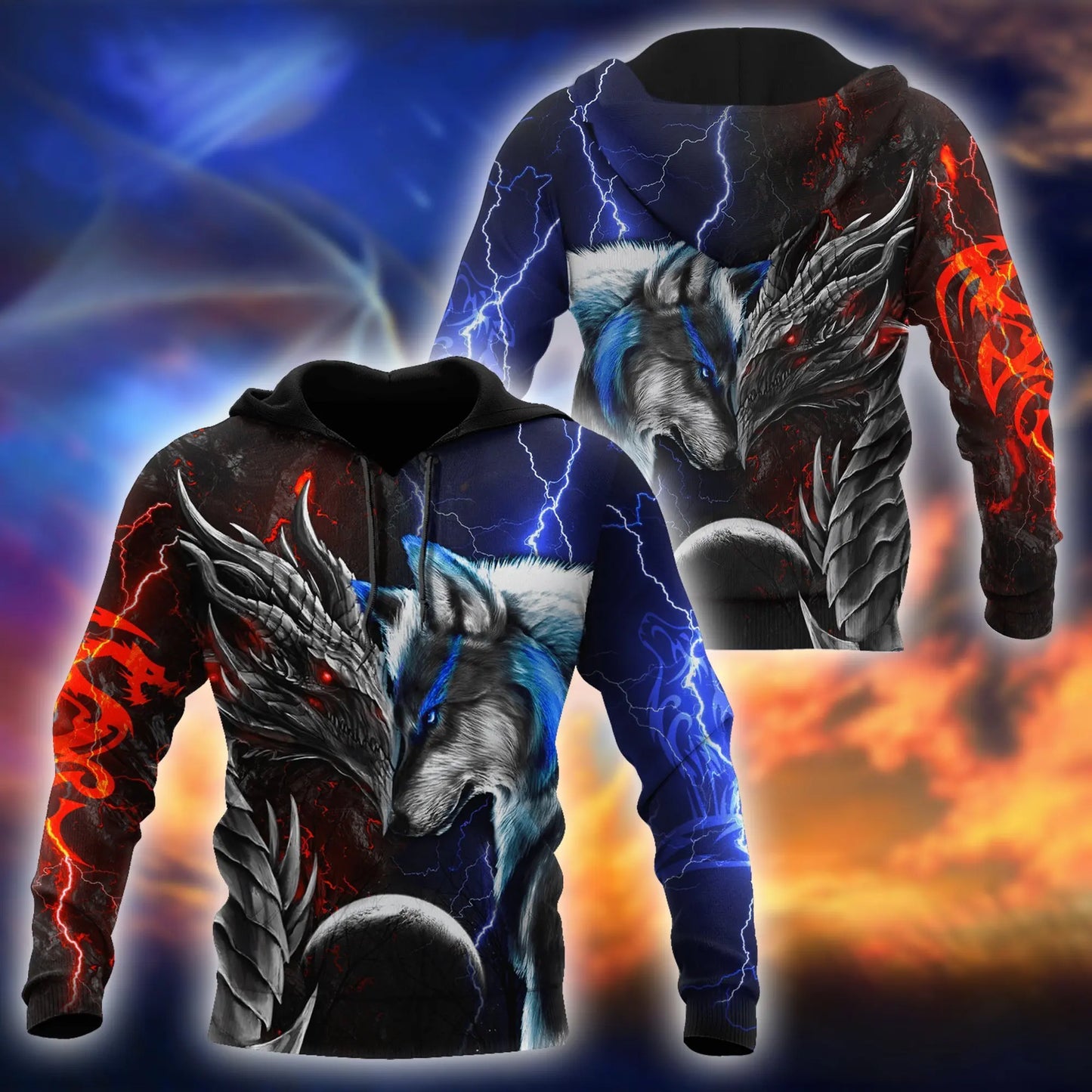 Red & Blue Dragon & Wolf 3D Printed Fashion Men's Autumn Hoodies Sweatshirt Unisex Streetwear Casual Zip Jacket Pullover KJ494