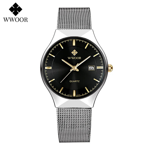 WWOOR Silver Men Watches with Mesh Steel Top Brand Luxury Ultra Thin Quartz Waterproof Date Business Wristwatch Box Montre Homme