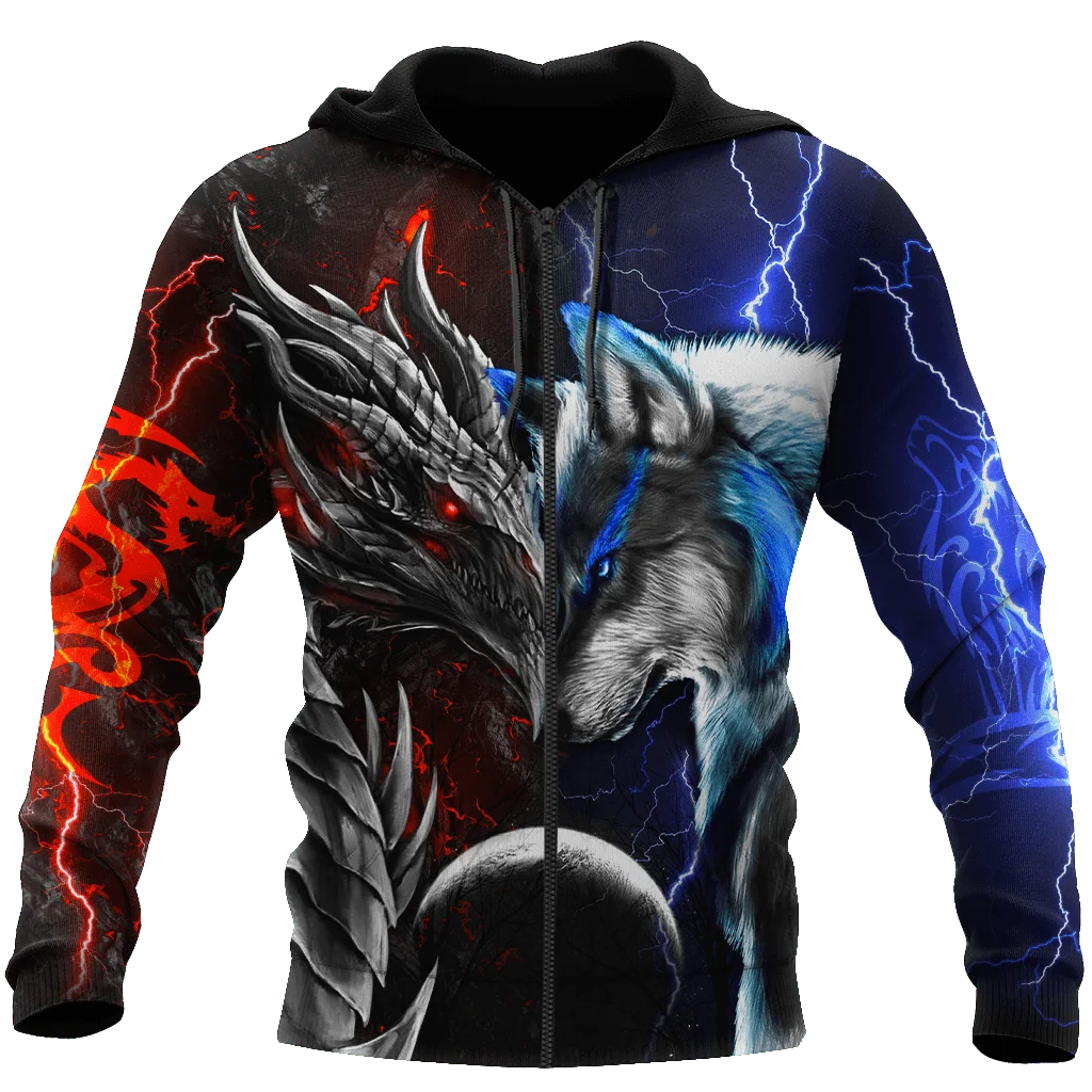 Red & Blue Dragon & Wolf 3D Printed Fashion Men's Autumn Hoodies Sweatshirt Unisex Streetwear Casual Zip Jacket Pullover KJ494