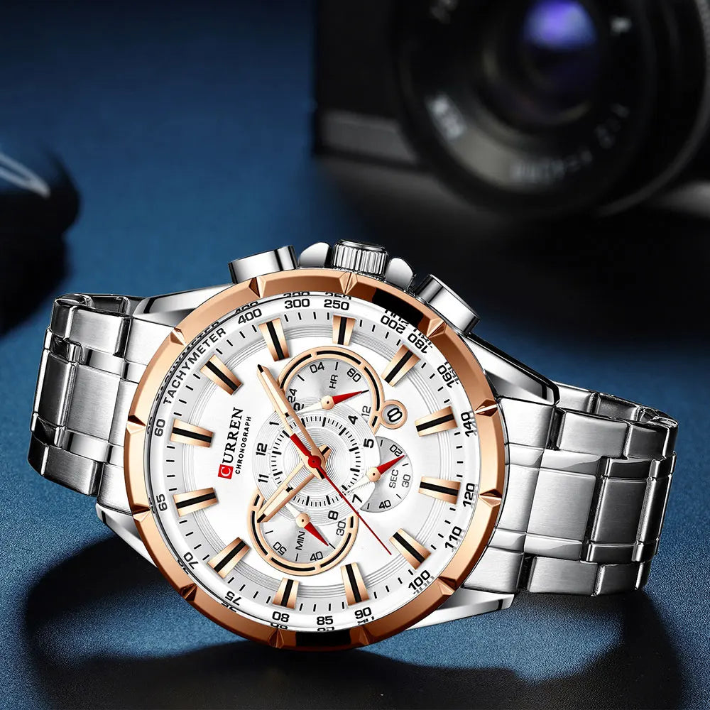 Montre pour homme CURREN – Montre-bracelet de luxe en acier inoxydable, style business, chronographe, modèle militaire à quartz