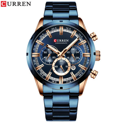 Orologio da uomo Curren con quadrante blu, cinturino in acciaio inox, data, stile business, impermeabile, orologio di lusso da polso per uomo