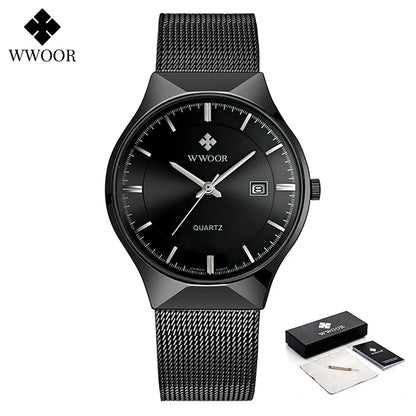 WWOOR Silver Men Watches with Mesh Steel Top Brand Luxury Ultra Thin Quartz Waterproof Date Business Wristwatch Box Montre Homme