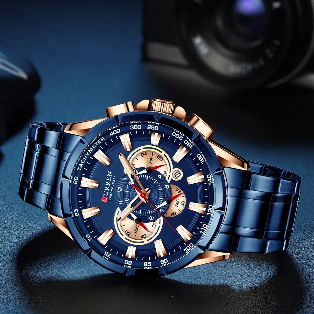 Montre pour homme CURREN – Montre-bracelet de luxe en acier inoxydable, style business, chronographe, modèle militaire à quartz