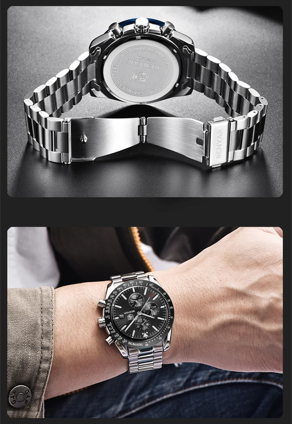 BENYAR luxury men’s watches – Quartz wristwatches with leather straps, water-resistant to 30 m, sporty style.