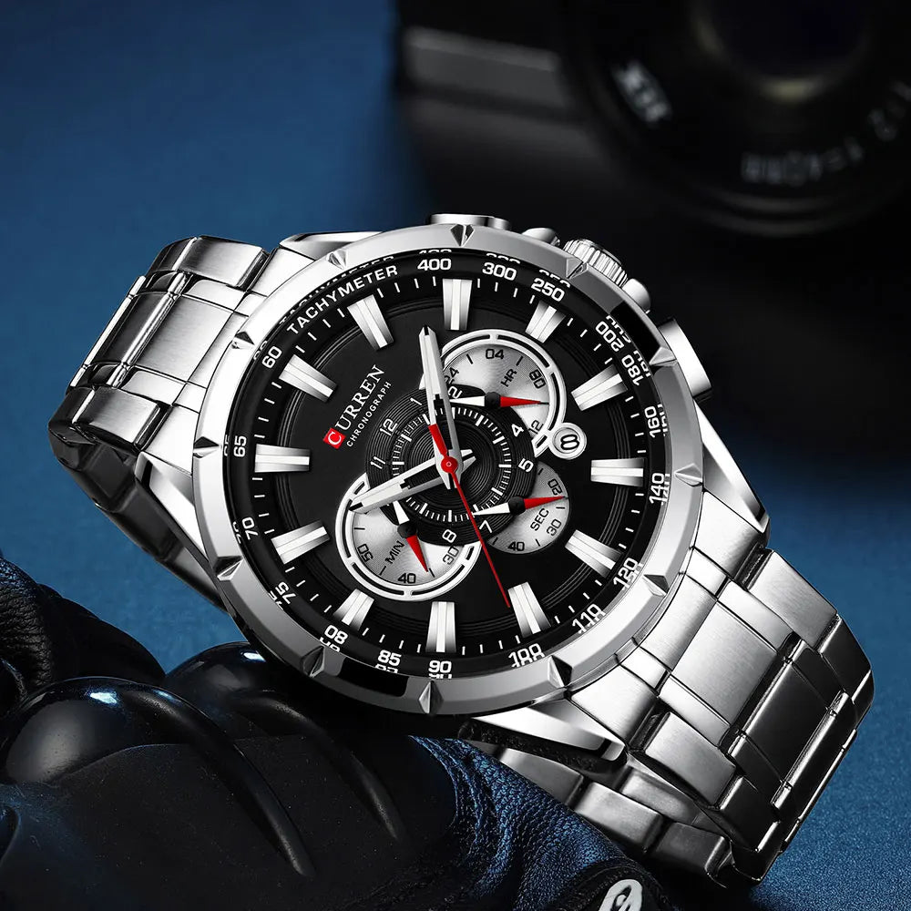 Montre pour homme CURREN – Montre-bracelet de luxe en acier inoxydable, style business, chronographe, modèle militaire à quartz