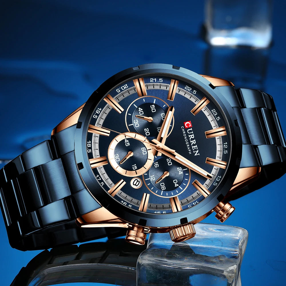 Orologio da uomo Curren con quadrante blu, cinturino in acciaio inox, data, stile business, impermeabile, orologio di lusso da polso per uomo