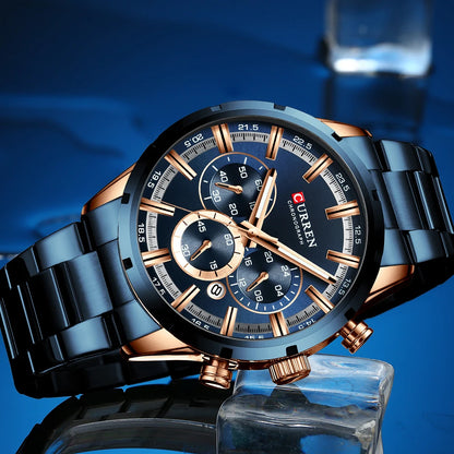 Orologio da uomo Curren con quadrante blu, cinturino in acciaio inox, data, stile business, impermeabile, orologio di lusso da polso per uomo