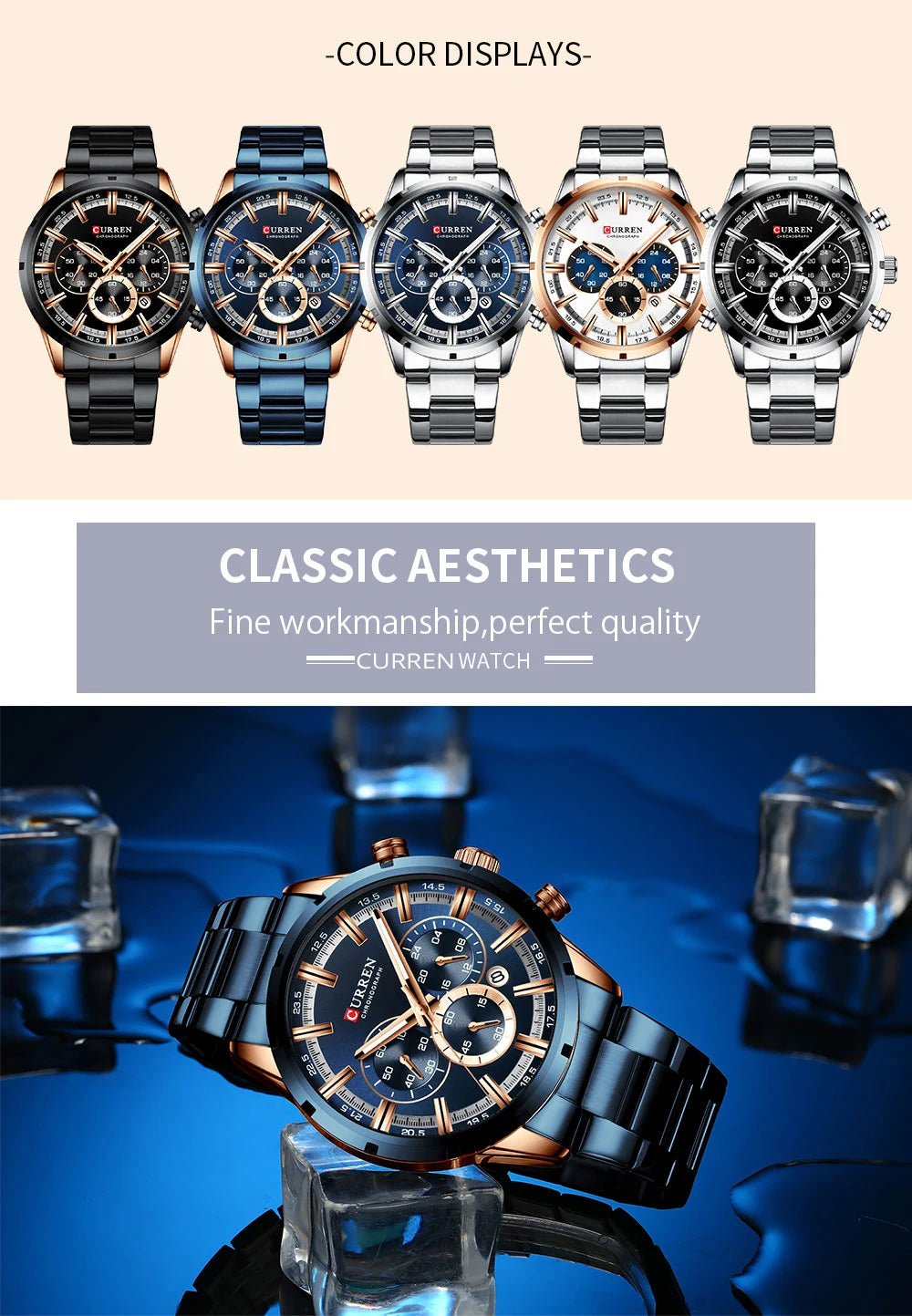Orologio da uomo Curren con quadrante blu, cinturino in acciaio inox, data, stile business, impermeabile, orologio di lusso da polso per uomo