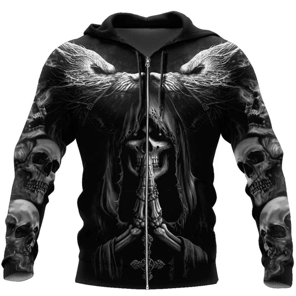 Sweatshirt com Capuz de Outono Fenrir Lobo Caveira Tatuagem 3D com Estampado Integral para Homem, Unissexo, com Fecho, Pullover, Casaco Casual DW0364