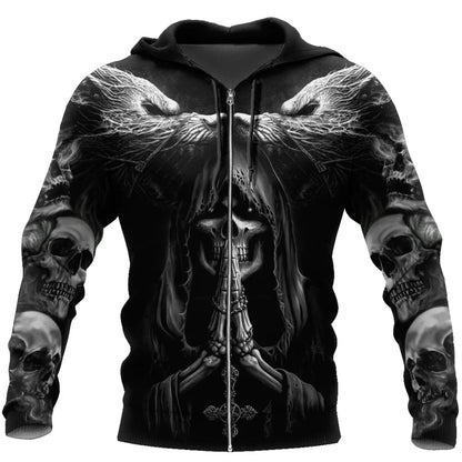 Sweatshirt com Capuz de Outono Fenrir Lobo Caveira Tatuagem 3D com Estampado Integral para Homem, Unissexo, com Fecho, Pullover, Casaco Casual DW0364